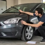 Muayene öncesinde markasız otomobilin far, lastik ve silecek kontrollerini yapan araç sahibi