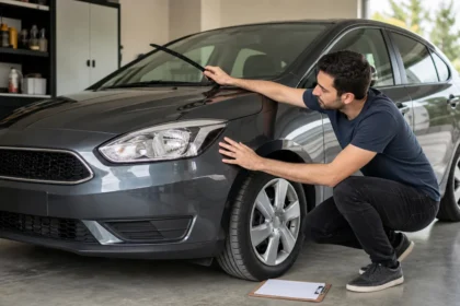 Muayene öncesinde markasız otomobilin far, lastik ve silecek kontrollerini yapan araç sahibi