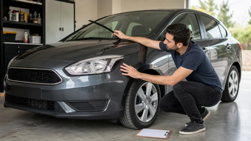 Muayene öncesinde markasız otomobilin far, lastik ve silecek kontrollerini yapan araç sahibi