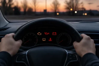 Araç gösterge panelinde yanan kırmızı ve sarı uyarı ışıklarını kontrol eden sürücü