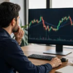 Borsa grafiklerini ve piyasa hareketlerini bilgisayar ekranından inceleyen finans uzmanı