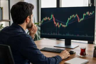 Borsa grafiklerini ve piyasa hareketlerini bilgisayar ekranından inceleyen finans uzmanı
