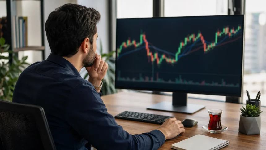 Borsa grafiklerini ve piyasa hareketlerini bilgisayar ekranından inceleyen finans uzmanı