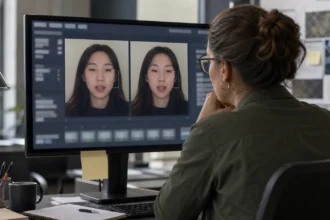 Bir videodaki yüz, ışık ve ses uyumsuzluklarını düzenleme ekranında dikkatle inceleyen medya uzmanı