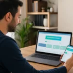 Çevrim içi kamu hizmetlerini dizüstü bilgisayar ve telefondan güvenli biçimde kullanan kişi