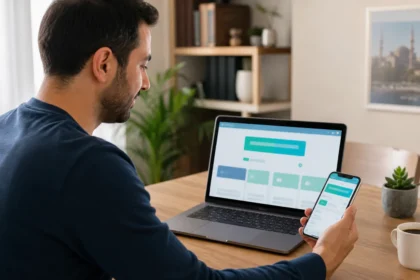Çevrim içi kamu hizmetlerini dizüstü bilgisayar ve telefondan güvenli biçimde kullanan kişi