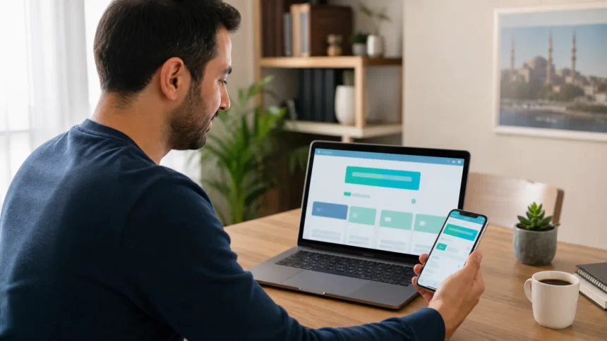 Çevrim içi kamu hizmetlerini dizüstü bilgisayar ve telefondan güvenli biçimde kullanan kişi