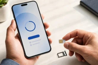 Akıllı telefonda eSIM kurulumunu fiziksel SIM kart ve SIM tepsisiyle karşılaştıran kullanıcı