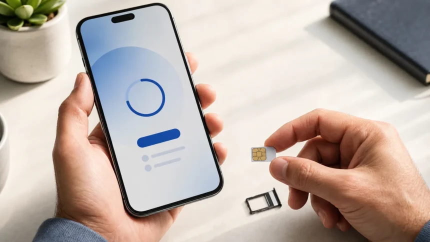 Akıllı telefonda eSIM kurulumunu fiziksel SIM kart ve SIM tepsisiyle karşılaştıran kullanıcı