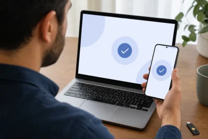 Dizüstü bilgisayardaki giriş işlemini telefon ve fiziksel güvenlik anahtarıyla doğrulayan kullanıcı