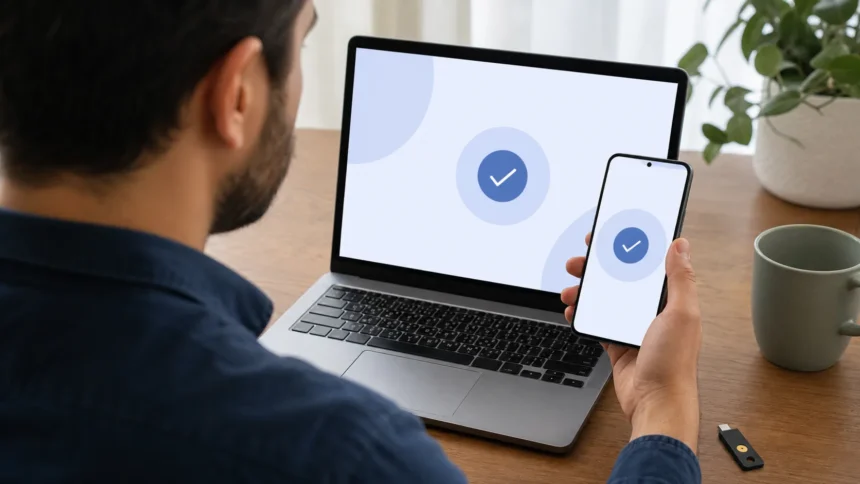 Dizüstü bilgisayardaki giriş işlemini telefon ve fiziksel güvenlik anahtarıyla doğrulayan kullanıcı