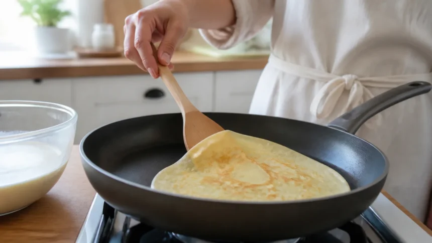 Yapışmaz tavada ince krep pişirirken spatulayla kenarını kaldıran kişi