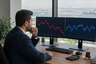 Döviz alış ve satış fiyatları arasındaki farkı iki ekran ve hesap makinesiyle karşılaştıran finans çalışanı