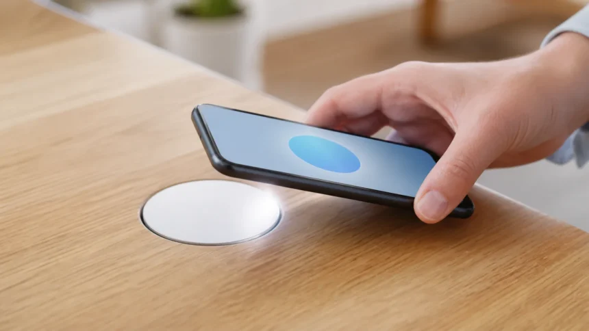 Akıllı telefonunu markasız bir NFC etiketine yaklaştırarak temassız bağlantı kuran kullanıcı
