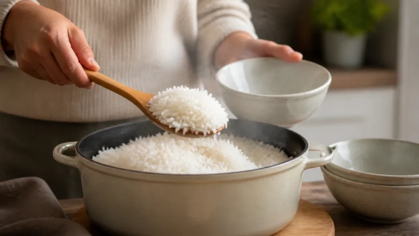 Mutfak tezgâhında tane tane pişmiş pirinç pilavını tahta kaşıkla servis eden aşçı