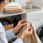Bir kıyafetin bakım etiketindeki yıkama işaretlerini çamaşır makinesi yanında inceleyen kişi